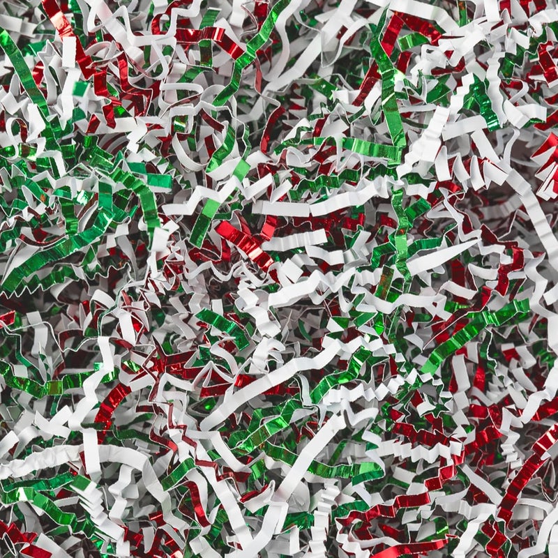 Gloreyan 1/2LB Christmas Crinkle Cut Paper Shred, Metallic Red Green White Raffia Paper Shred Filler Grass for Christmas Easter Grass Gift Wrapping Basket Filling Birthdays Weddings Party Supply - Image 1